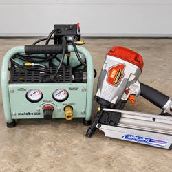 MAX SuperFramer 21° Framing Nail Gun + Metabo HPT Quiet Air Compressor – Combo Set