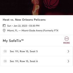 Heat Vs Pelicans Sunday Game 15 Sec 111 Row 15 Seats 5-6 230