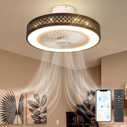 TOZING 20 in. LED Indoor Black Dimmable Matte Modern Cage Low Profile Flush Mount Ceiling Fan Light with Remote Control and App
