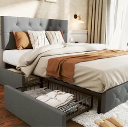 Gray Upholstered Bed Frame with Storage Drawers