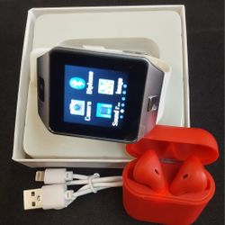 D-Series White Smart Watch +5.0 Red Bluetooth Earbuds 
