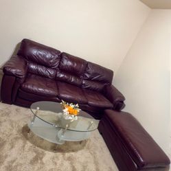 Maroon Leather Couch with Ottoman