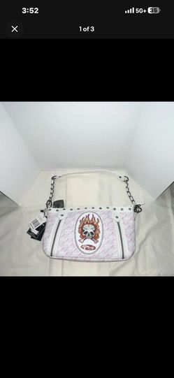 Ed Hardy Skull Studded Shoulder Bag Chain Strap White Pink Tattoo Flame
