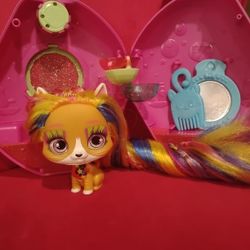 Rainbow  Hair Kitty Cat Doll With Toy Styling Comb And Mirror And Carrying Case 