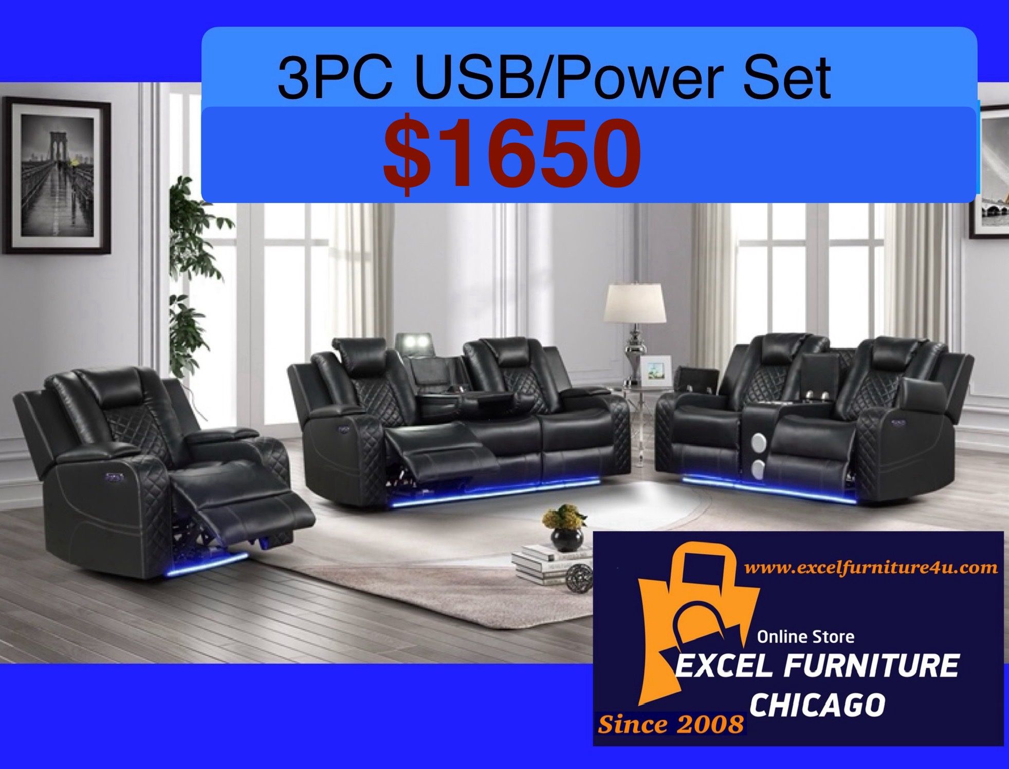 💥FREE DELIVERY💥Brand New POWER LED USB 3PC Reclining Sofa Loveseat Chair Set
