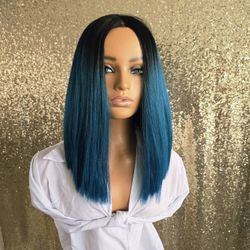 14" Black Teal Ombre Synthetic Hair Wig Straight 
