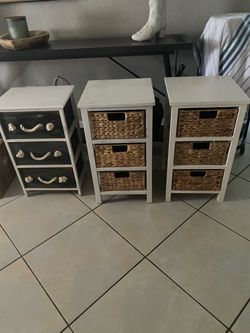 Set of 3 White Wood Storage Units with Wicker Baskets