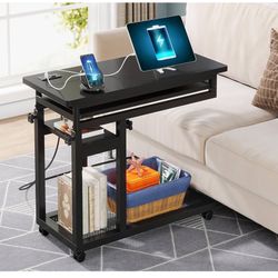Tribesigns Small Portable Desk with Power Outlet, Height Adjustable Sofa Couch Bedside Laptop Table with Wheels, Mobile Standing Desk Rolling Computer