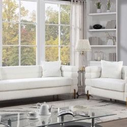 2 PIECE SOFA LOVESEAT SET WHITE BOUCLE FABRIC COUCH