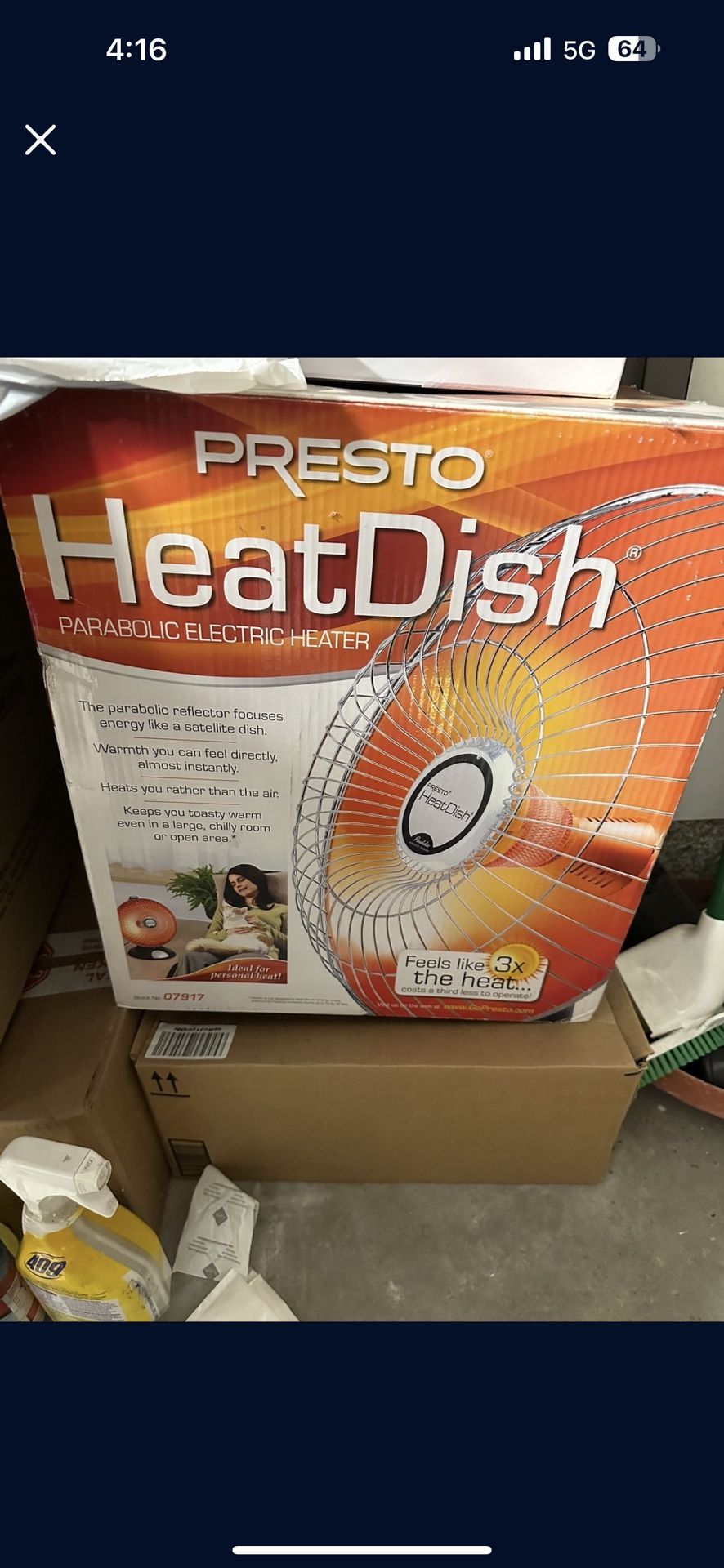 Presto HeatDish parabolic electric heater, focuses energy for efficient heating.