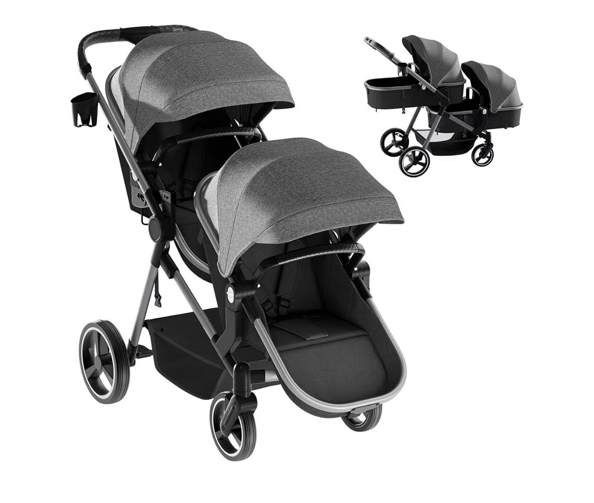 MU Double Stroller, Foldable Twin Tandem Stroller with Adjustable Backrest