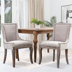 NEW-Dining Chairs Set of 2,Upholstered Kitchen&Dining Room Chair,Thickened Fabric Chairs with neutrally Toned Solid Wood Legs,Bronze Nail Head,Beige