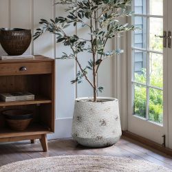 Rustic off white with brown accents tall round MgO planter, 15.6'' h ，PL2363-L