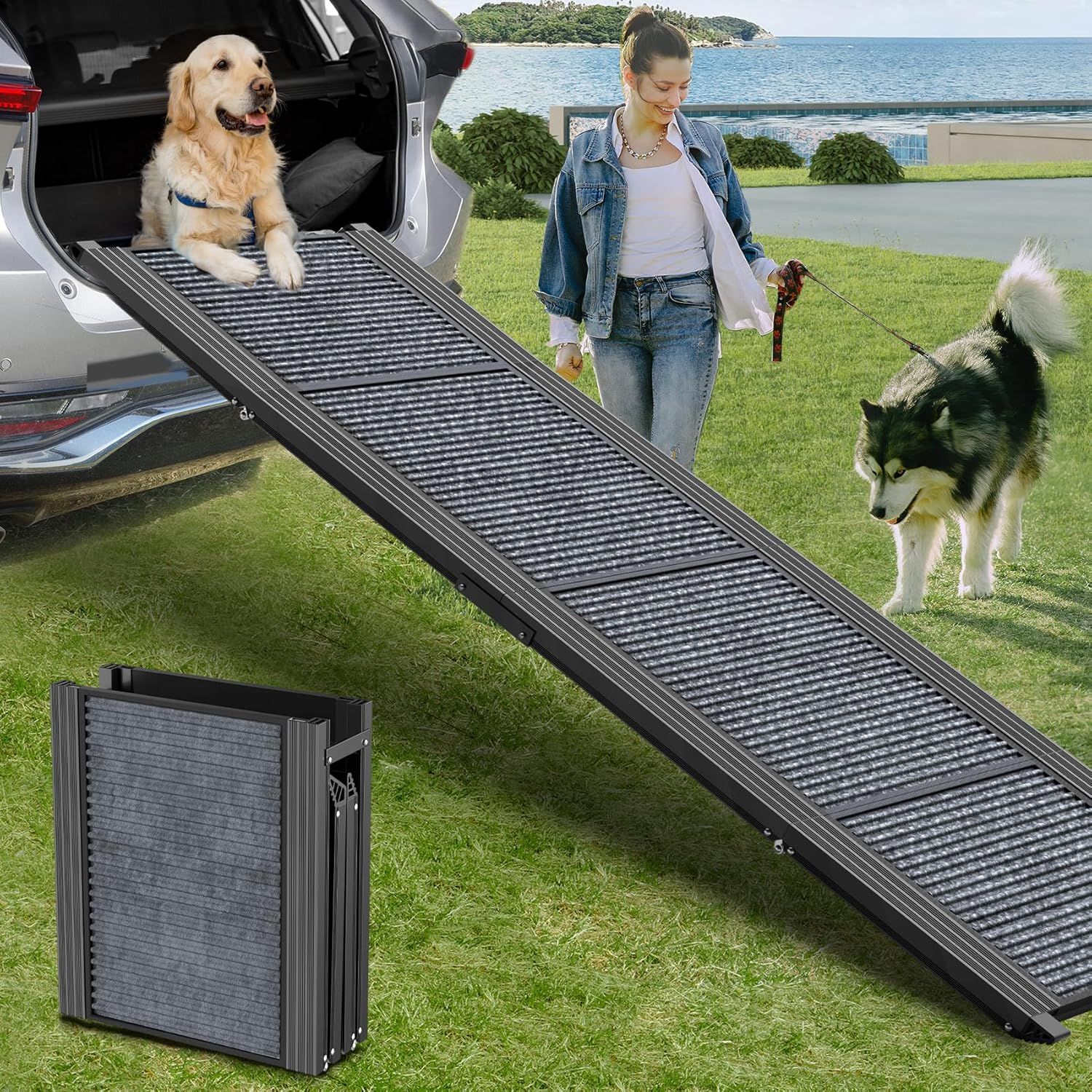 Dog Ramp for Car 71" Extra Long & 17.2" Wide Folding Dog Ramps for Large Dogs with Non-Slip Rug Surface Portable Dog Car Ramp #3493Y2