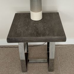 24” Grey Wash Wood Top Silver Base Side End Table 
