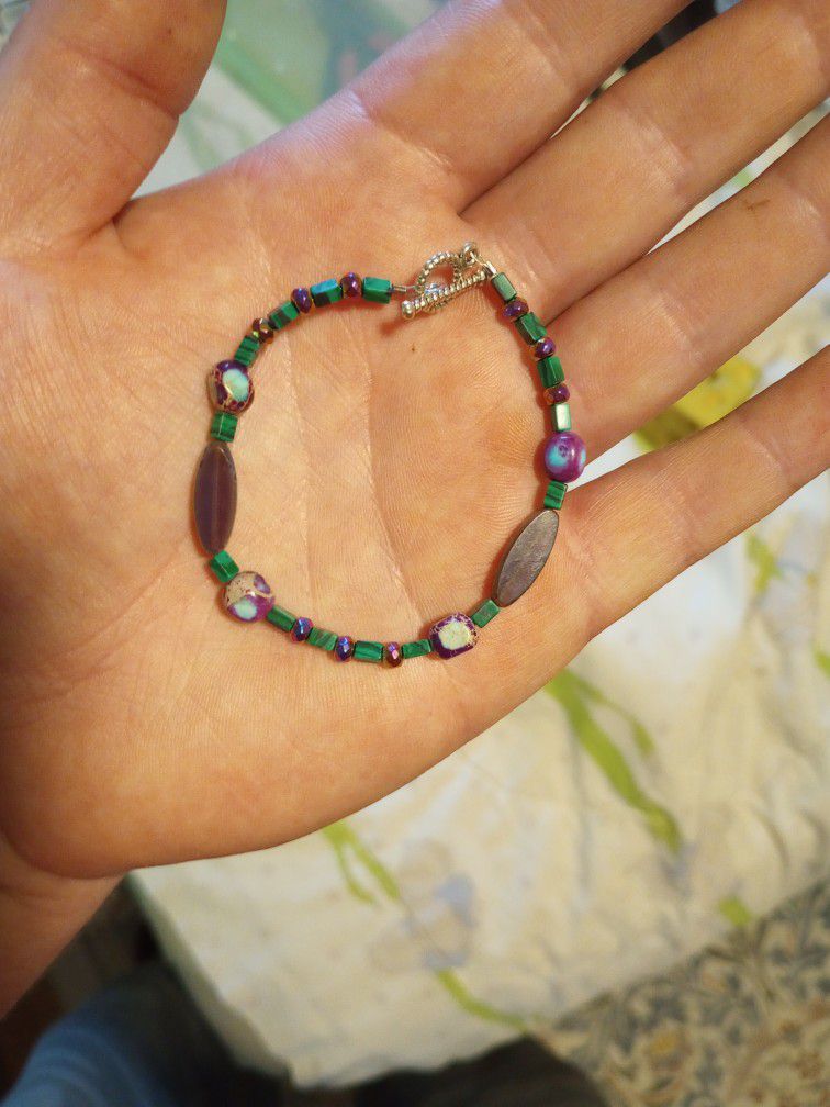 Woman's Or Children's Bracelet/Anklet Made Of Malakite Uv Reflective Glass Beads And Dyed Jasper