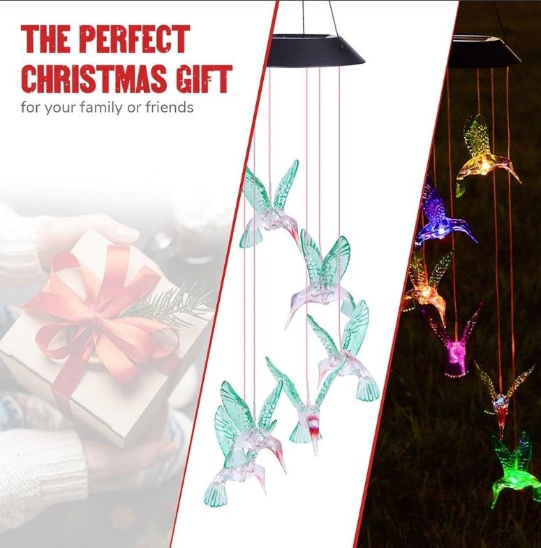 Solar LED Wind Chime Color Changing Décor Light Hummingbird