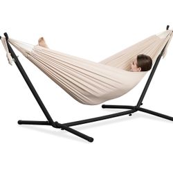 Double Hammocks with Stand for Outside, Portable Space Saving Heavy-Duty Steel Stand for Indoor Outdoor Patio with Carrying Bag, 450 lbs Capacity (Bei