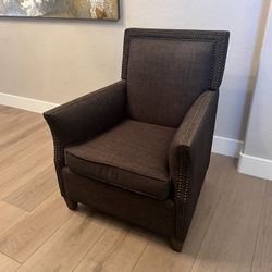 Uttermost Charcoal Gray Linen Armchair w/ Brass Nailhead Trim & Walnut Feet