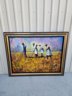 Large Framed African Harvest Field Painting Canvas Wall Art Gold Black Contemporary Decor 56x46