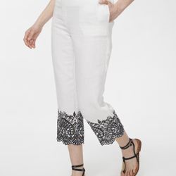Chico’s Petite Linen Crop Pants. White w/Black Eyelet Embroidery. Size 3