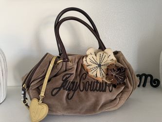Vintage Juicy Couture Daydreamer Velour Brown Flower Appliqué Tote Bag Purse Y2K