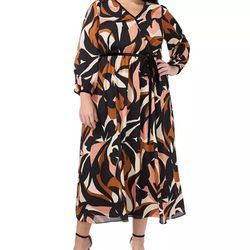 SZ 1x Printed Faux-Wrap Long-Sleeve Maxi Dress W/ Velour Belt MSK