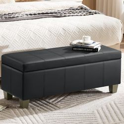 41"  Storage Ottoman, Stitch Tufted Rectangle Upholstered End of Bed Storage Bench, Entryway Large Couch Ottoman with Wooden Legs, Dark Black