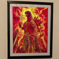 City on fire Godzilla custom Art Piece On Black Frame
