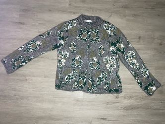 Women’s ZARA Flower Jacquard Knit Cardigan Long Sleeve Gray Grey Green Small
