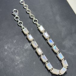Handmade 925 Sterling Silver Rainbow Moonstone Bracelet 8.2" Adjustable