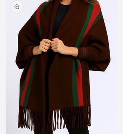Chocolate Brown Classic Stripe Knit Shawl Poncho