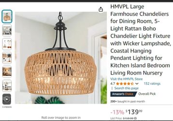 NEW!!!! LARGE FARMHOUSE CHANDELIER DINING ROOM 5-LIGHT RATTAN BOHO CHANDELIER