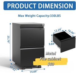 😀 2 Drawer Metal Mobile File Cabinet, Rolling File Cabinet with Lock for Hanging Legal/Letter/A4 Size, Black