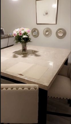 6-8 Seater Tan Counter Height Marble Dinning Table With 4 Chairs And 1 Bench