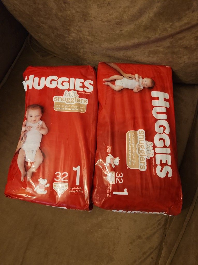 2 Packs HUGGIES Diapers Sz 1 (Up to 14lbs) 32 Per Pack