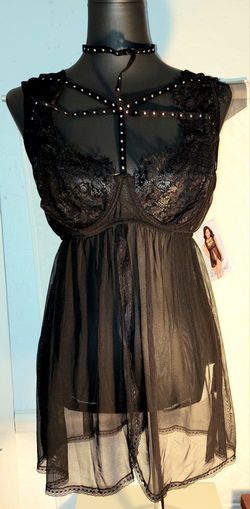 Dreameshmgirl lace babydoll black lace and sheer babydoll lingerie dress with strappy cage-style. (TOP ONLY) NWT