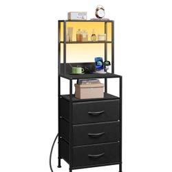 WLIVE Tall Nightstand with Charging Station, LED Night Stand with 3 Fabric Drawers and Storage Open Shelves, Bedroom Nightstand table, Bed Side Table 