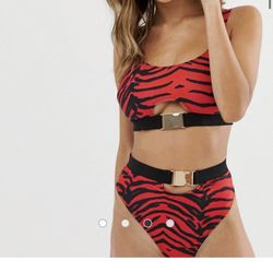 ASOS brand- Red Tiger Print High Waist Bikini / Rave Bottoms NEW WITH TAGS NEVER WORN🏷 (bottoms Only**)