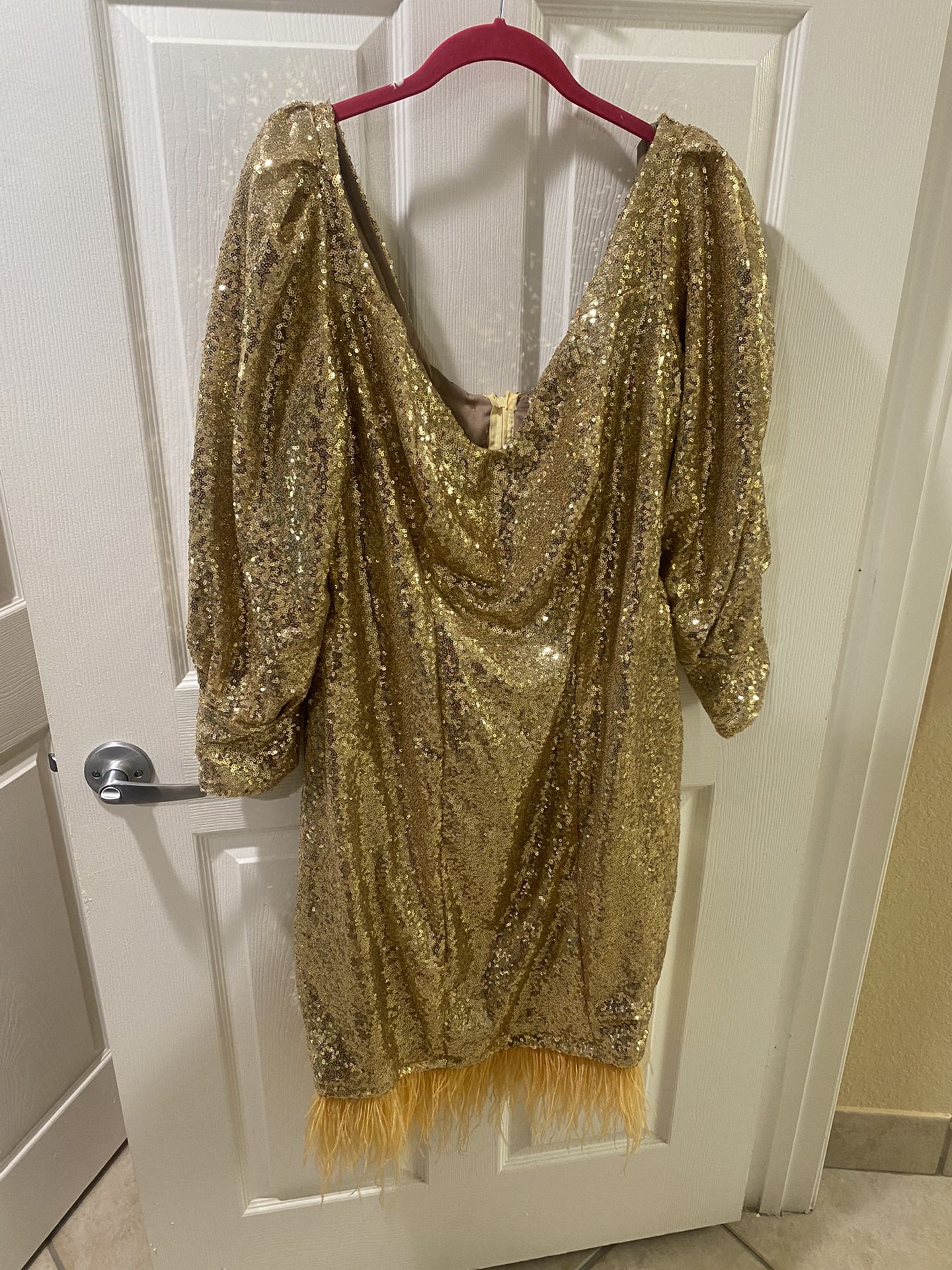 Custom Designer Gold Off The Shoulder Gown with Feather Fringe
