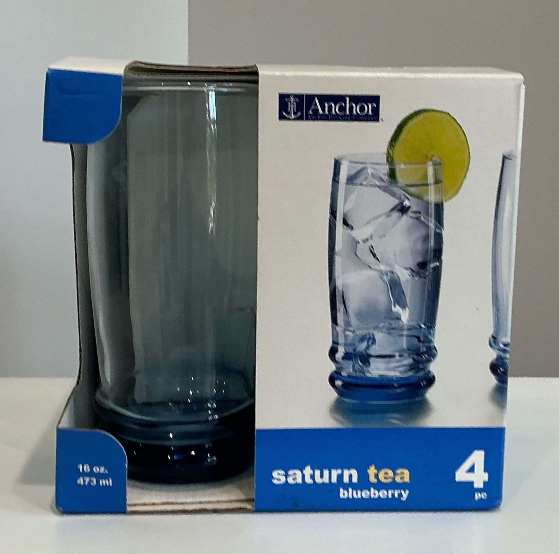 Set of 4 Anchor Hocking Saturn Tea Blueberry Glass Tumblers in Original Box