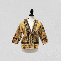 VINTAGE RARE Sunflower Floral Embroidered Tapestry Open-Front Fringe Jacket
