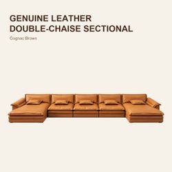 Genuine Leather Double-Chaise Sectional – Cognac Brown