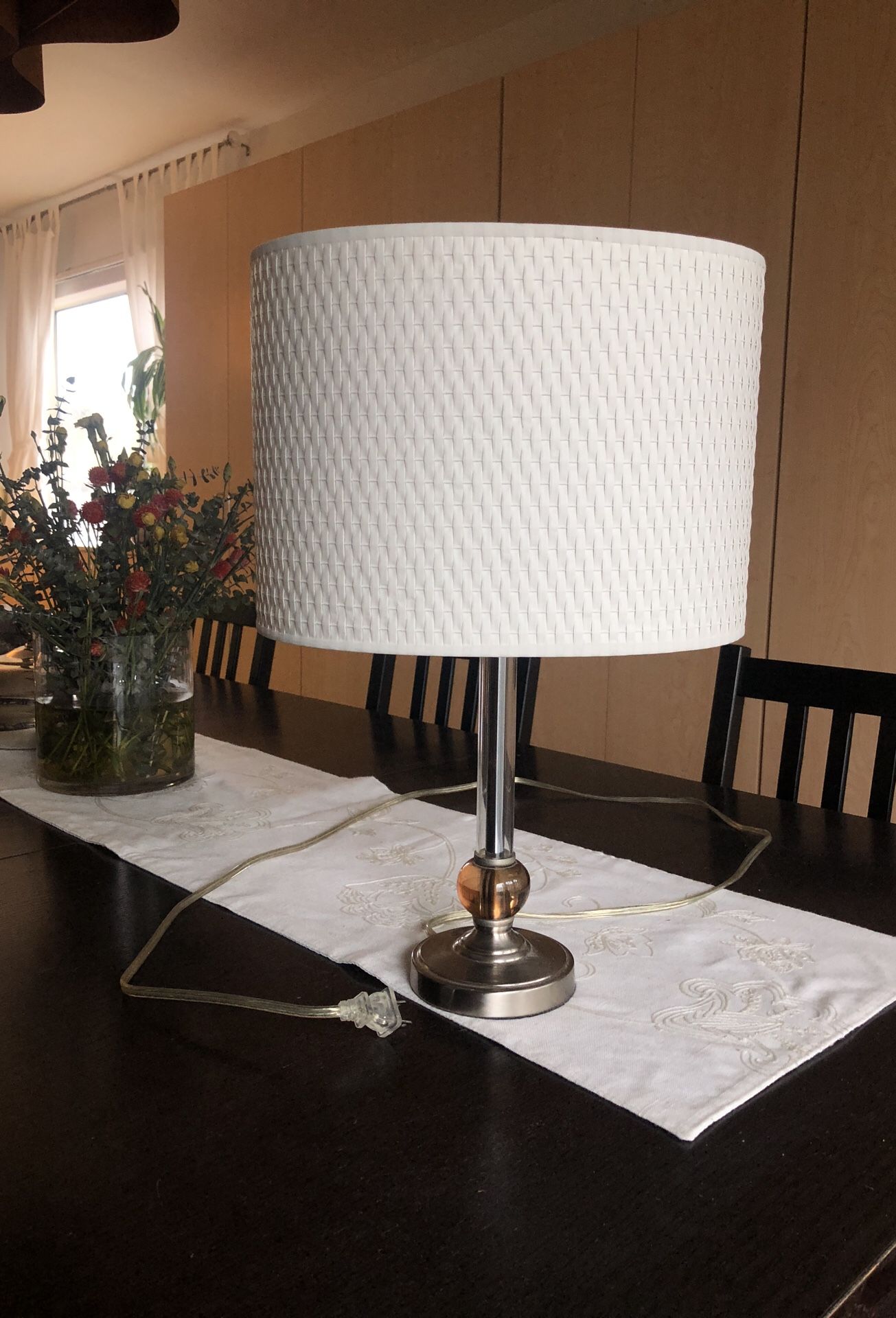 White table lamp with Lucite detail and steel hardware