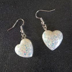 Faux white opal heart shaped dangle earrings with sterling silver hooks new handmade 