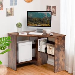 Corner Desk, 90 Degrees Triangle Computer Desk for Small Space, Bedroom Makeup Vanity Desk with Storage Shelves & CPU Stand, Space Saving