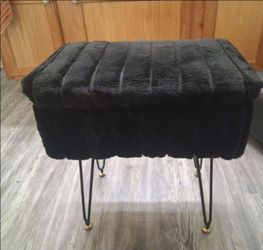 Black Faux Fur Ottoman with Hairpin Legs