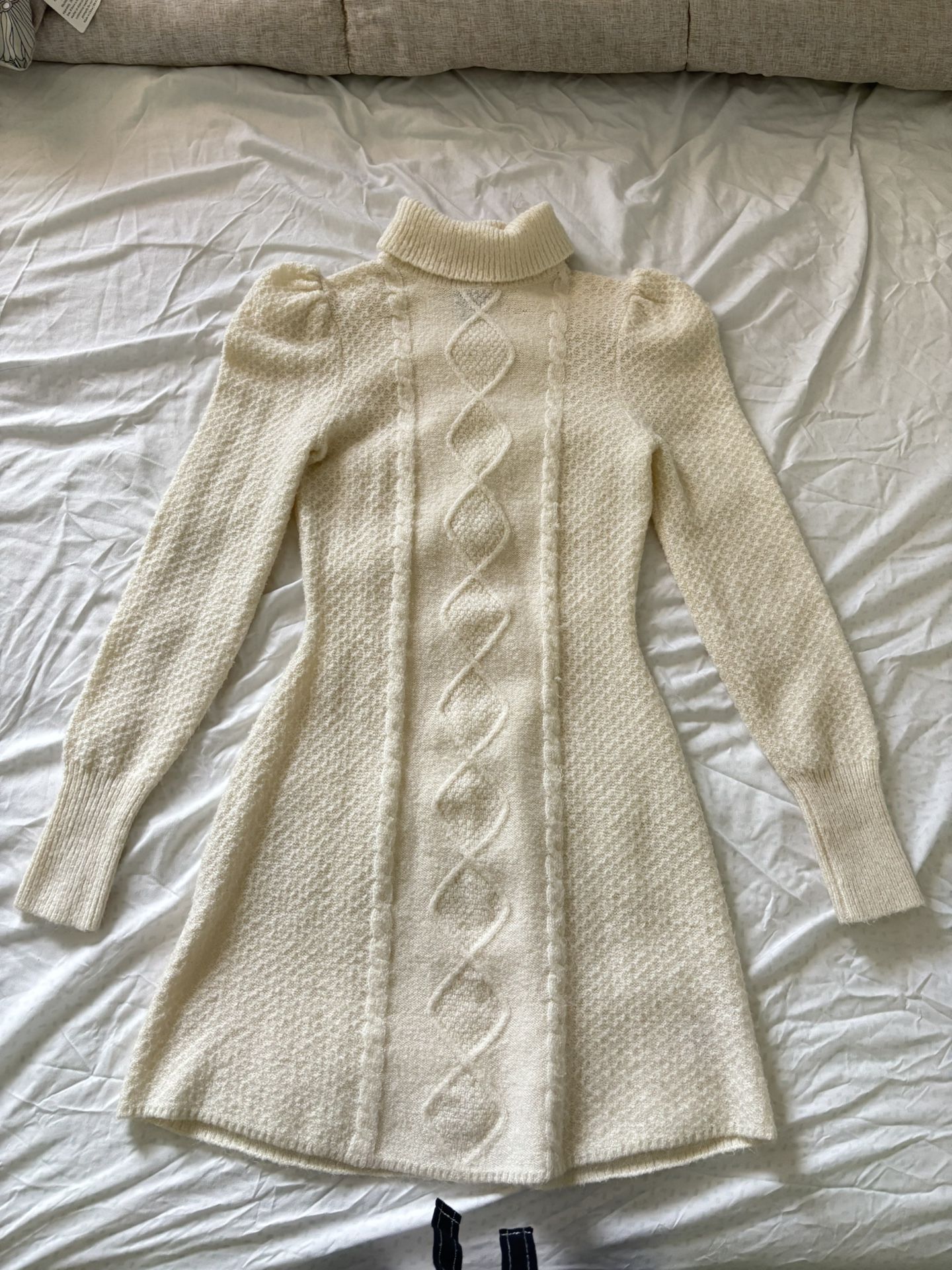 White Cableknit Turtle Neck Mini Dress