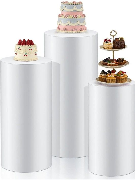 3 Pcs Cylinder Stands for Party, PVC Large White Cake Pedestal Stand, Round Reusable Dessert Display Tables for Birthday Wedding Baby Shower Decoratio