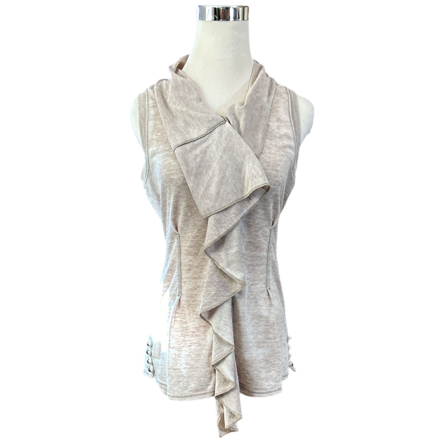 Closet Romantic Women's Sleeveless Ruffle Zipper Front Tan Top Blouse Size Large